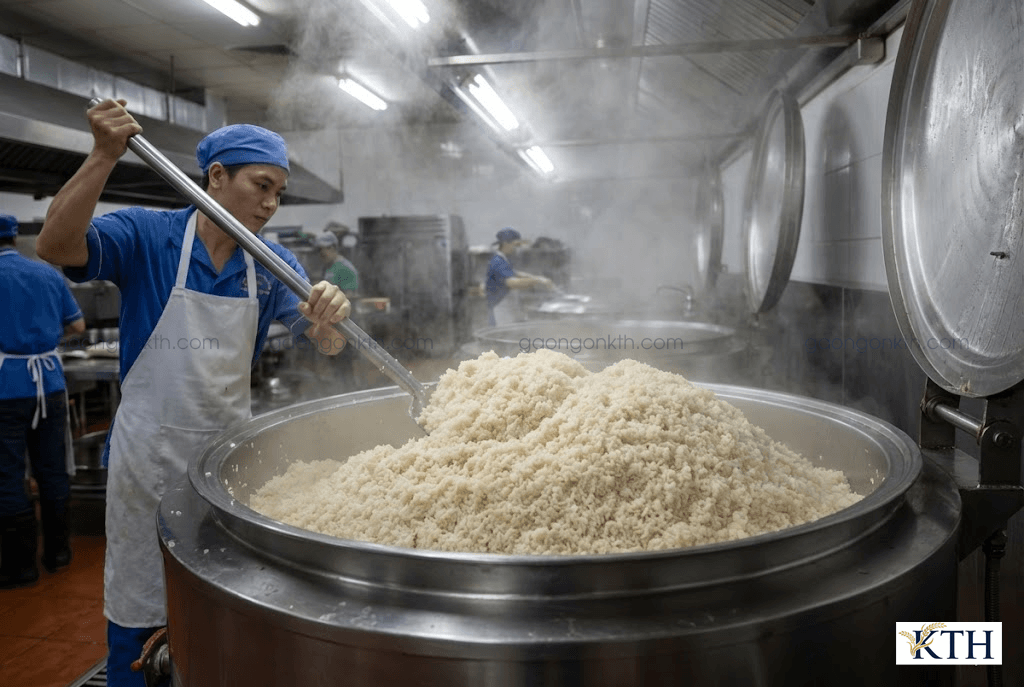 Nồi cơm công nghiệp khổng lồ chứa đầy cơm gạo Sa Mơ nấu chín nở xốp rất nhiều