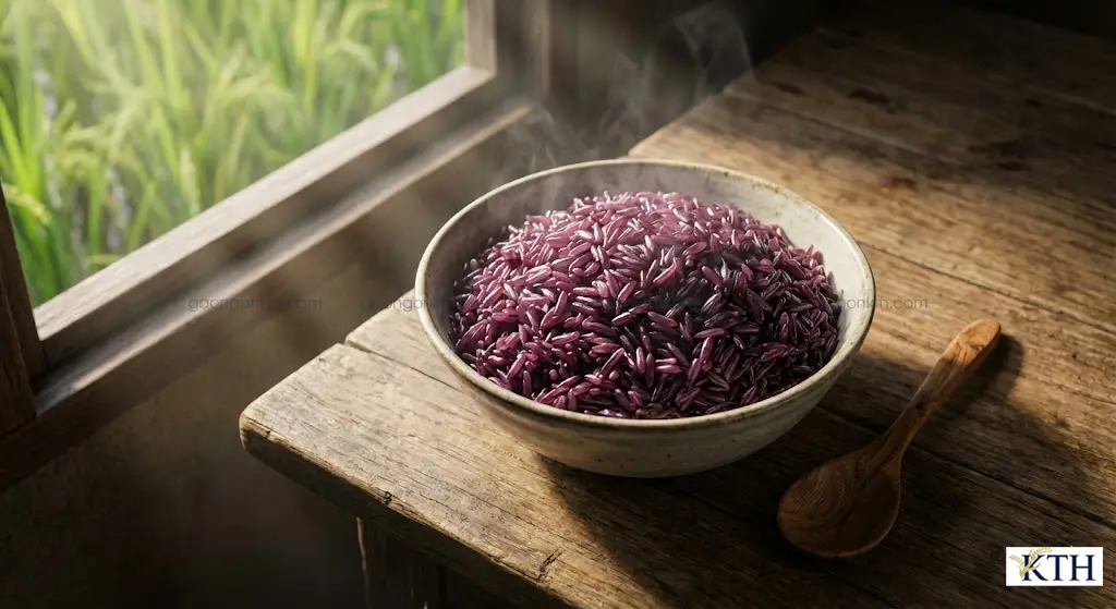 Gạo ST tím than Sóc Trăng nấu chín mềm dẻo, hạt cơm thon dài thơm ngon trên bàn ăn.