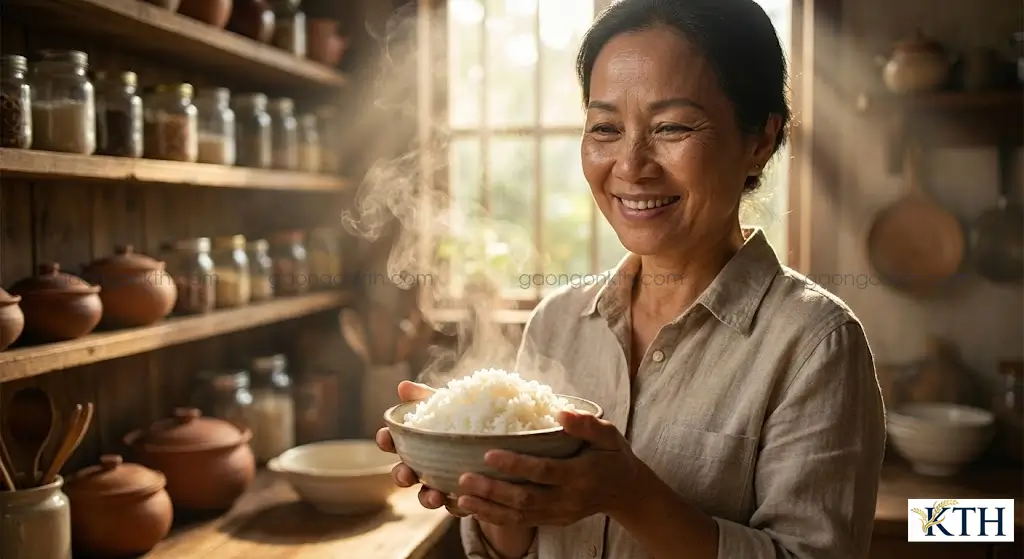 Gạo ST21 Long Lài chính hãng Sóc Trăng, cơm dẻo thơm hạt thon dài, bát cơm trắng nóng hổi trên tay chuyên gia Đỗ Thị Nga Xô.