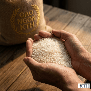 Bàn tay nâng niu nắm gạo ST24 chính hãng thương hiệu Gạo Ngon KTH, hạt gạo thon dài, trong suốt, không bạc bụng, đạt chuẩn Top 3 gạo ngon nhất thế giới.