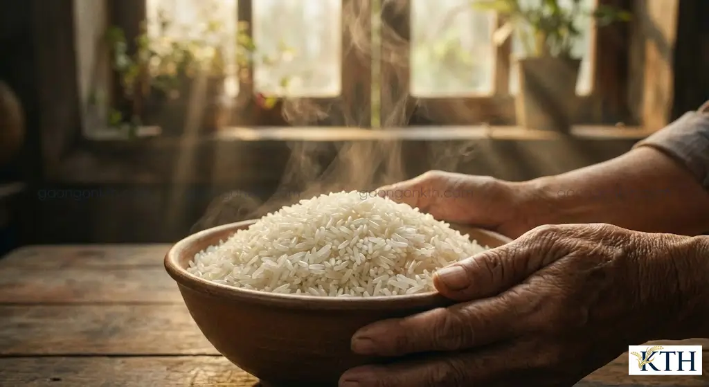 Chén cơm trắng dẻo thơm nấu từ gạo ST24 chính hãng Sóc Trăng, hạt cơm thon dài, bóng mượt trên bàn gỗ mộc.