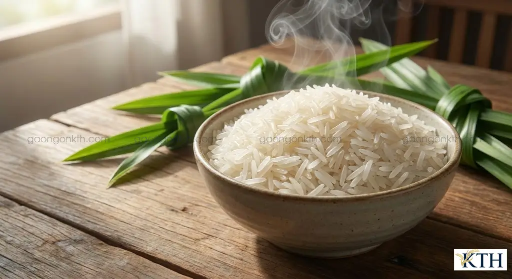 Cơm gạo ST25 nấu chín dẻo thơm mùi lá dứa đặc trưng - Gạo ngon nhất thế giới của Việt Nam.