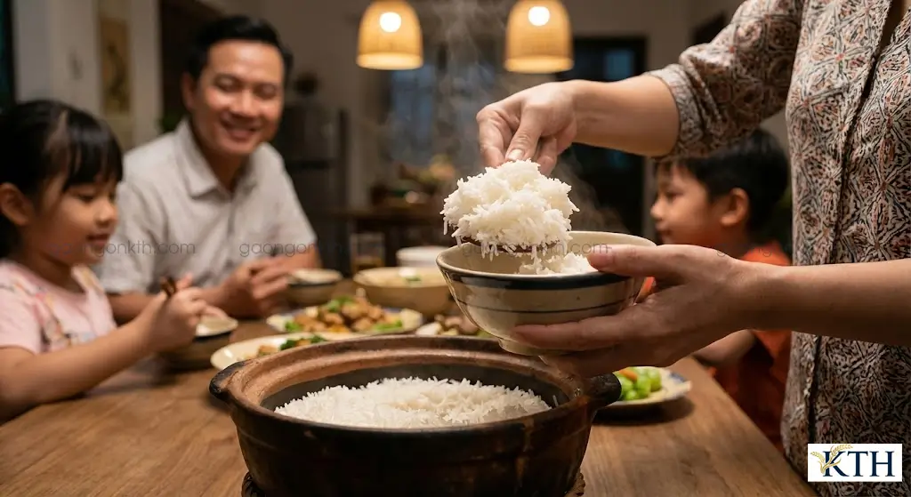 Bát cơm gạo ST25 (Ông Cua) dẻo thơm, nóng hổi được xới ra trong bữa cơm gia đình Việt Nam ấm cúng.