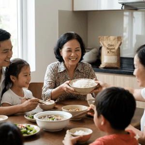 Bữa cơm gia đình Việt với bát cơm gạo Tài Nguyên nấu chuẩn, bông xốp, mềm ngọt phù hợp cho cả người lớn tuổi.