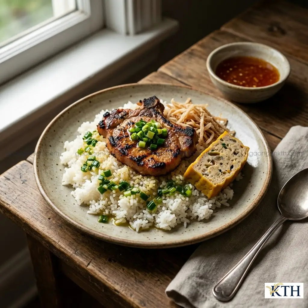 Đĩa cơm tấm sườn bì chả Sài Gòn sử dụng gạo tấm Hàm Châu tơi xốp, hạt rời rạc, không bị nhão, chan mỡ hành hấp dẫn.