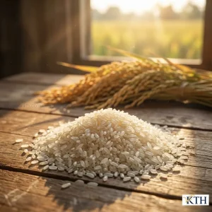 Cận cảnh gạo tấm Jasmine nguyên chất dẻo thơm được vun thành đống bên cạnh các bông lúa vàng, thể hiện nguồn gốc tự nhiên từ giống lúa Jasmine 85.