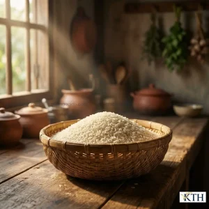 Cận cảnh hạt gạo tấm 504 trắng đục chuyên dùng nấu rượu đế ngon trên tay người nấu rượu lâu năm.