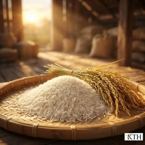 Cận cảnh hạt gạo tám thái nhập khẩu Thái Lan trắng trong và thon dài trên nền gỗ sồi, minh họa rõ nét cho đặc tính dẻo vừa và hàm lượng Amylose thấp của dòng gạo Hom Mali loại 1.