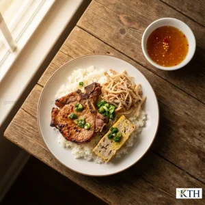 Đĩa cơm tấm sườn bì chả ngon chuẩn vị Sài Gòn được nấu từ Gạo Tấm Xuân Hồng với hạt cơm tơi xốp.