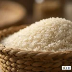 Gạo tẻ trắng hạt vừa chất lượng cao đựng đầy trong rổ đan thủ công, chụp cận cảnh với ánh sáng dịu và hậu cảnh mờ nghệ thuật.