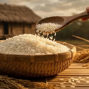 Rổ tre đựng đầy gạo Thơm Mỹ hạt thon dài, màu trắng trong, có thìa gỗ múc gạo, thể hiện nguồn gốc từ vựa gạo Tiền Giang, Long An, ĐBSCL.