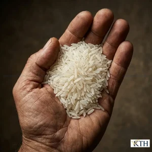 Cận cảnh bàn tay người nông dân nâng niu nắm gạo thơm Thái Lan hạt dài, trong suốt, chụp với ánh sáng khối và hậu cảnh tối mờ.