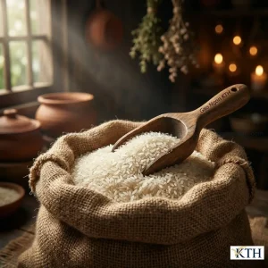 'Gạo trắng hạt dài' ('lúa hạt dài') Việt Nam, loại 'gạo thơm' và 'gạo dẻo', được đựng trong bao tải đay truyền thống cùng với một chiếc thìa gỗ. Hình ảnh thể hiện 'nông sản' Việt Nam chất lượng cao, thường được đóng gói trong 'bao bì PP' để xuất khẩu.