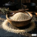Hình ảnh cận cảnh gạo trắng hạt dài chưa nấu tràn ra khỏi bát gỗ mộc và thìa gỗ trên nền đá đen có kết cấu.