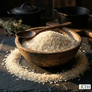 Hình ảnh cận cảnh gạo trắng hạt dài chưa nấu tràn ra khỏi bát gỗ mộc và thìa gỗ trên nền đá đen có kết cấu.