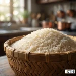 Gạo trắng hạt dài Việt Nam ('lúa hạt dài') chất lượng cao, 'gạo thơm' và 'gạo dẻo', được đựng trong rổ tre đan thủ công. Hình ảnh cận cảnh cho thấy độ 'trắng' và kết cấu của hạt gạo, một loại 'gạo nguyên liệu' phổ biến, được chụp với ánh sáng tự nhiên tạo khối.