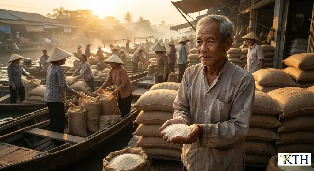 Cảnh thương lái kiểm tra chất lượng gạo tại chợ gạo miền Tây vào buổi sáng sớm, minh họa cho thị trường giá gạo hôm nay sôi động.
