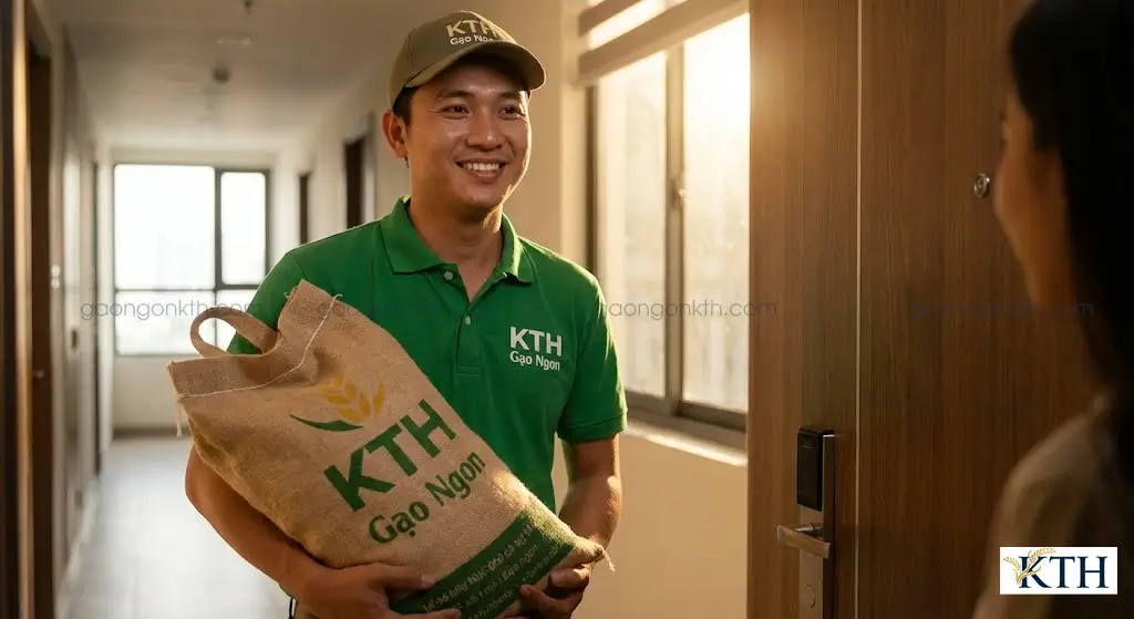 Nhân viên giao hàng Gạo Ngon KTH chuyên nghiệp, thân thiện giao gạo tận nơi cho khách hàng tại khu vực TP.HCM trong thời gian ngắn nhất.