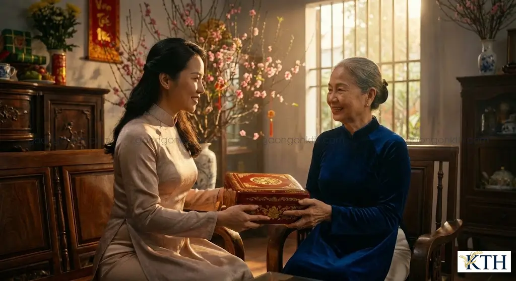 Con gái biếu mẹ hộp quà gạo ngon biếu Tết 2025 trong không gian Tết truyền thống Việt Nam, thể hiện lòng hiếu thảo và cầu chúc sức khỏe.