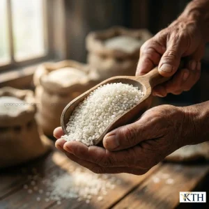 Cận cảnh hạt gạo C10 thô màu trắng đục, hạt ngắn và hơi bầu trên tay người nông dân Việt Nam, nguyên liệu chuyên dụng cho lò bún và bếp ăn công nghiệp.