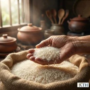 Cận cảnh hạt gạo Jasmine chuẩn hạt dài màu trắng trong không bị bạc bụng trên tay người nông dân Việt Nam.