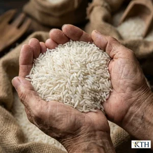 Cận cảnh hạt gạo Lài Sữa trên tay người nông dân với màu trắng đục như sữa và hình dáng thon dài đặc trưng.