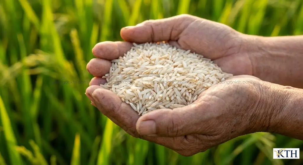 Hạt gạo lứt trắng Nàng Hoa nguyên cám thon dài trên tay người nông dân Tiền Giang, gạo sạch không chất bảo quản.