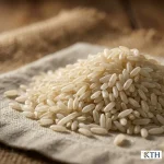 Cận cảnh đống hạt gạo lứt trắng hữu cơ nguyên cám với kết cấu tự nhiên, chưa qua chế biến.