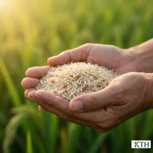 Cận cảnh hạt gạo lứt trắng ST25 thon dài màu ngà còn nguyên phôi mầm dinh dưỡng trên tay người phụ nữ.