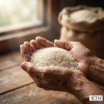 Cận cảnh hạt gạo Malis Phka Rumduol thon dài màu trắng trong tự nhiên trên tay người nông dân Việt Nam.