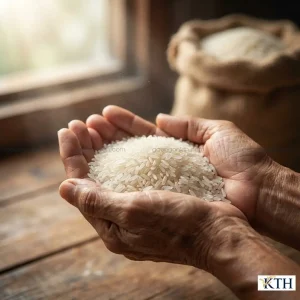 Cận cảnh hạt gạo Malis Phka Rumduol thon dài màu trắng trong tự nhiên trên tay người nông dân Việt Nam.