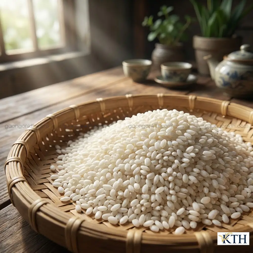 Hình ảnh cận cảnh hạt gạo nếp nhung Nam Định hạt to tròn mập màu trắng đục sữa đựng trong rổ tre truyền thống.