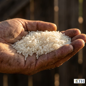 Cận cảnh hạt gạo ST25 thon dài, trắng trong, không bạc bụng nằm trên tay người nông dân, thể hiện chất lượng thượng hạng.