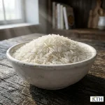 Cận cảnh hạt gạo ST25 Organic chính hãng thon dài trắng trong không bị bạc bụng và gãy vỡ trong bát sứ trắng.