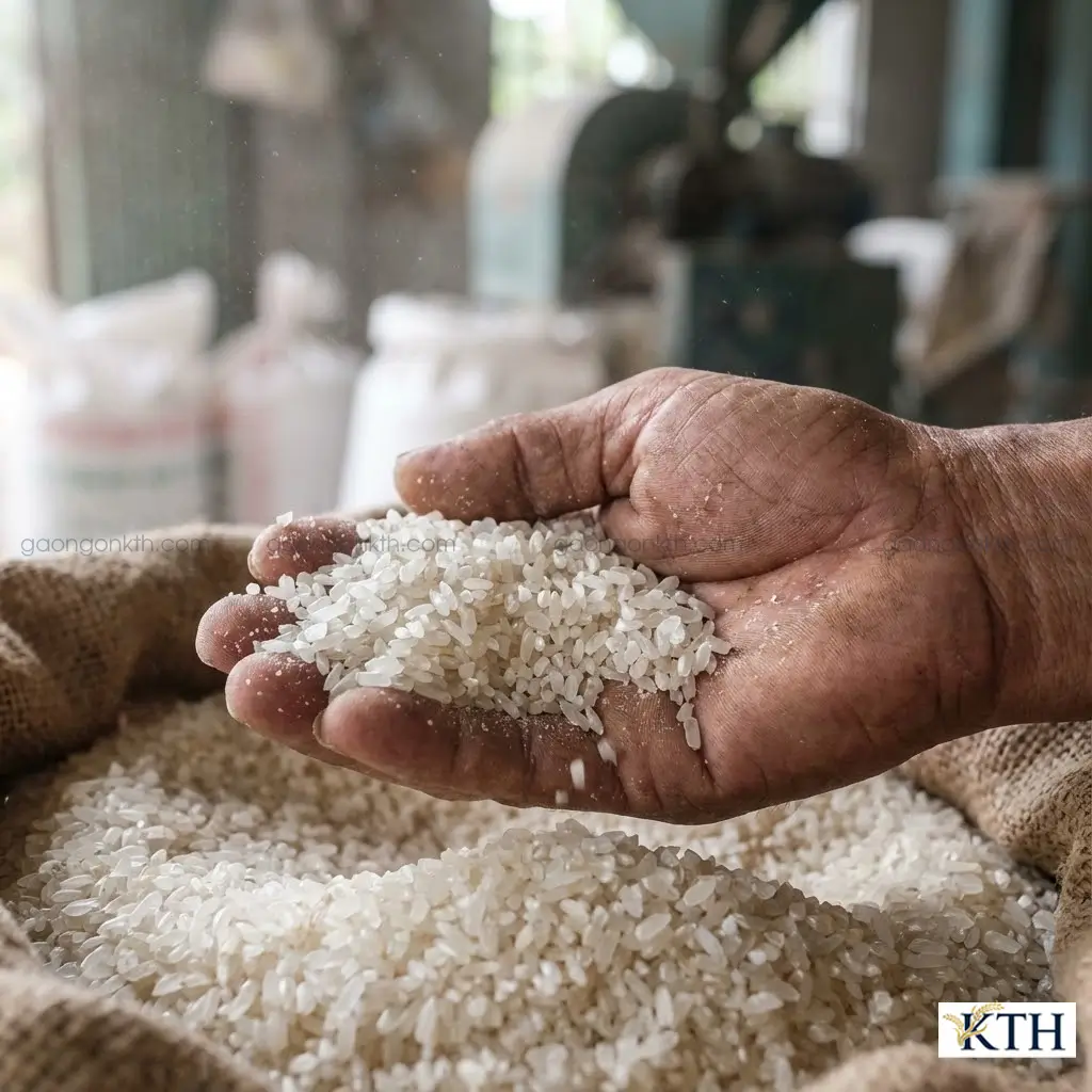 Cận cảnh hạt gạo tấm Jasmine thô chưa nấu với vết gãy tự nhiên và màu trắng trong đặc trưng.