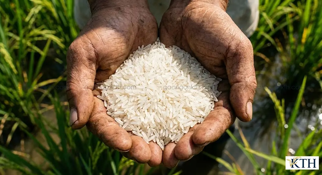 Cận cảnh hạt gạo Thơm Mỹ thon dài màu trắng trong trên tay người nông dân tại vựa gạo Tiền Giang.