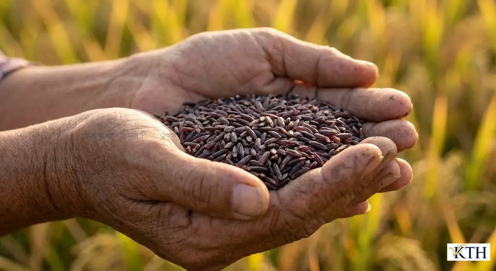 Cận cảnh hạt gạo tím than Sóc Trăng nguyên cám trên tay người nông dân, hạt thon dài đặc trưng.