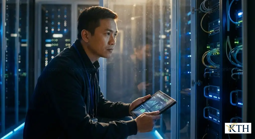 Chuyên gia kỹ thuật đang kiểm tra hệ thống bảo mật máy chủ để đảm bảo an toàn tuyệt đối cho dữ liệu giao dịch của khách hàng mua gạo.