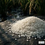 Ảnh macro cận cảnh hạt gạo tấm nhuyễn (tấm mẳn) trên nền đá tối màu. Thể hiện rõ đặc điểm kích thước hạt nhỏ li ti (vỡ vụn), màu trắng đục và kết cấu tự nhiên.