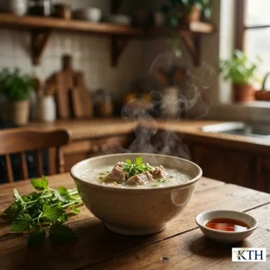 Bát cháo sườn nóng hổi nấu từ gạo tấm nhuyễn (tấm thơm lài) đặt trên bàn gỗ. Có chén nước mắm và rau thơm bên cạnh. Bối cảnh bếp gia đình ấm cúng, mờ ảo.