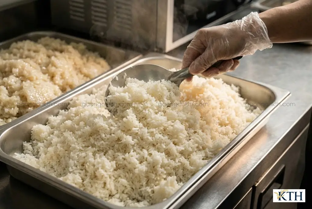 Cận cảnh khay cơm công nghiệp nấu từ gạo Hàm Châu cho thấy đặc tính nở nhiều, hạt cơm khô và tơi xốp, không bị dính bết, phù hợp làm cơm chiên hoặc suất ăn số lượng lớn.