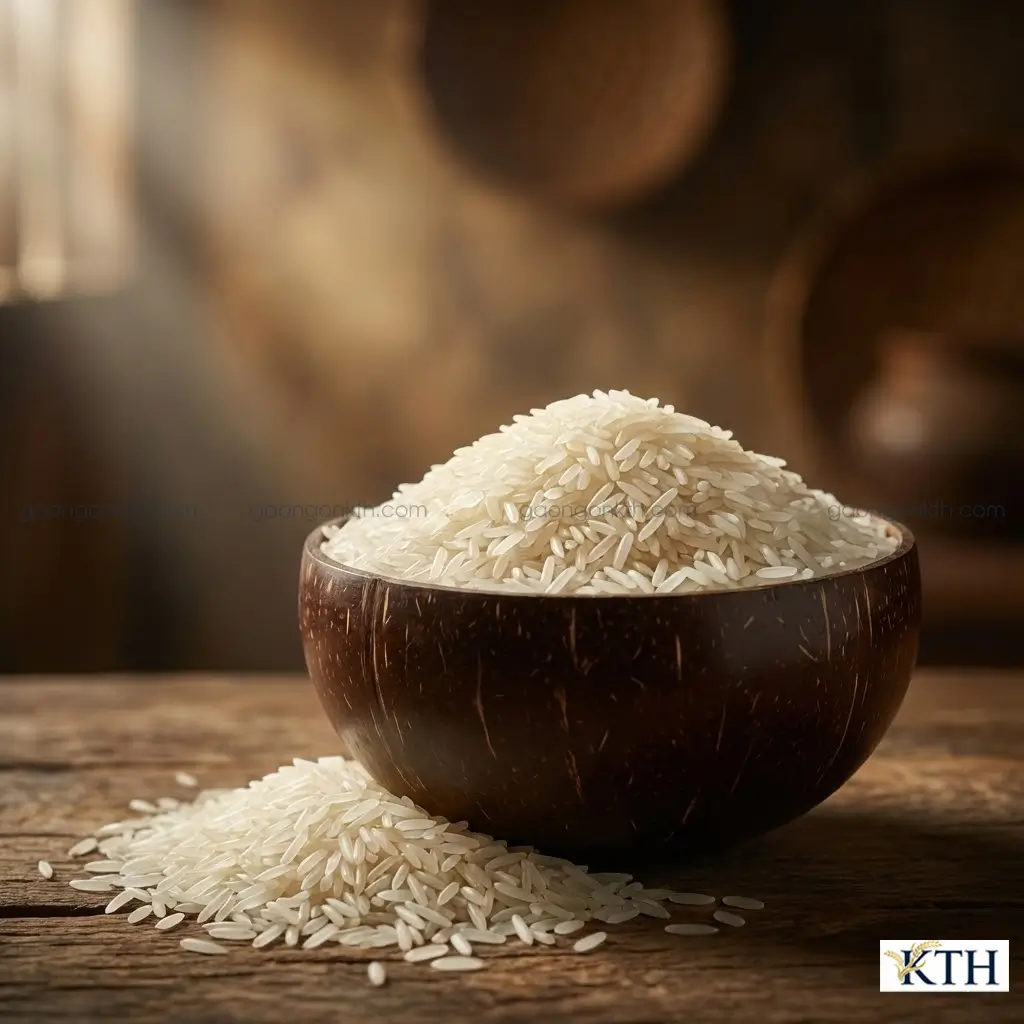 Gạo Nàng Hoa 9 Gò Công nấu chín dẻo thơm trong bát gốm sứ trên tay người mẹ.