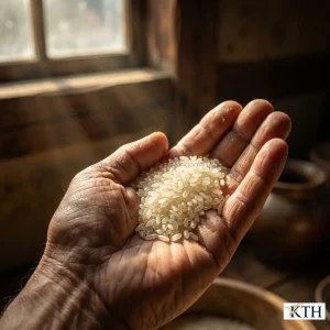 Cận cảnh bàn tay người nông dân nâng niu nắm gạo Japonica hạt tròn, trắng trong, chất lượng cao.