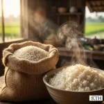 Hình ảnh bao gạo Gạo Tấm Đài Loan chính gốc Gò Công và chén cơm tấm nấu chín dẻo thơm, bốc khói trong gian bếp mộc mạc.