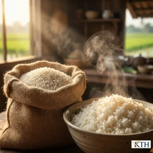 Hình ảnh bao gạo Gạo Tấm Đài Loan chính gốc Gò Công và chén cơm tấm nấu chín dẻo thơm, bốc khói trong gian bếp mộc mạc.