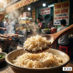 Cận cảnh muỗng gỗ xúc gạo tấm nhuyễn (tấm mẳn) từ tô gốm, hơi khói bốc lên. Bối cảnh là quán Cơm Tấm Sài Gòn mờ ảo, thể hiện văn hóa ẩm thực đường phố.