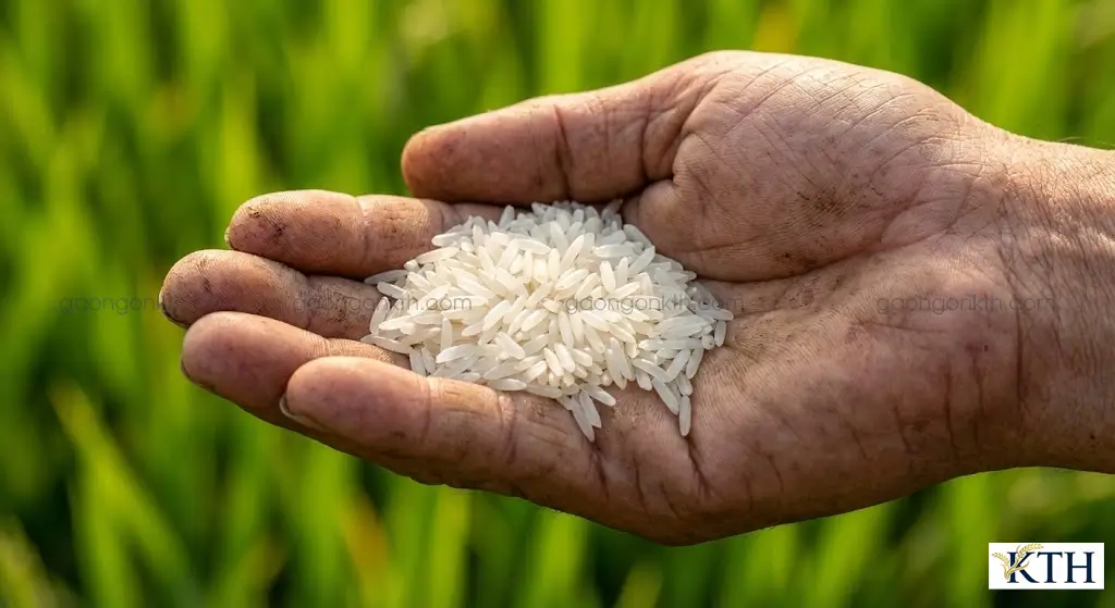 Cận cảnh hạt gạo 4900 (Hương Lài Sữa) thon dài, màu trắng đục sữa đặc trưng trên tay người nông dân miền Tây.
