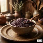 Hình ảnh so sánh hạt gạo lứt tím than Sóc Trăng nguyên cám với lõi trắng đục bên trong giúp phân biệt với gạo nếp cẩm.
