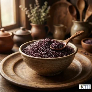 Hình ảnh so sánh hạt gạo lứt tím than Sóc Trăng nguyên cám với lõi trắng đục bên trong giúp phân biệt với gạo nếp cẩm.