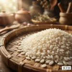 Hạt gạo nếp Lào Kay Noi tròn mẩy màu trắng ngà trên mẹt tre tự nhiên.
